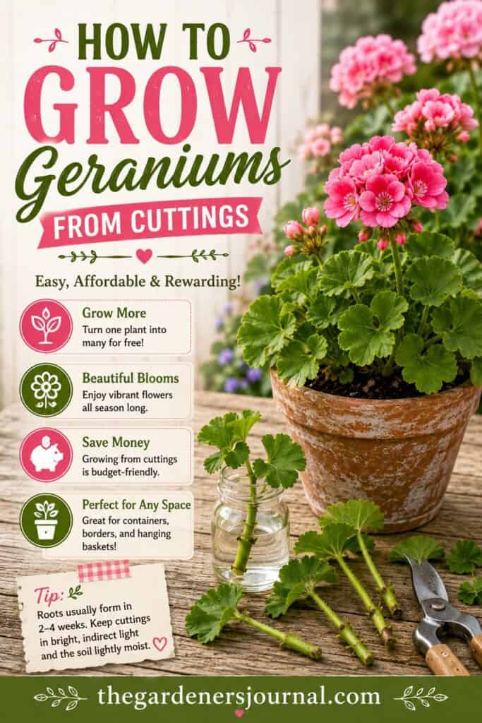 Want more geraniums without buying new plants? This simple guide shows how to grow geraniums from cuttings for healthy plants and vibrant blooms. Perfect for gardeners who love cottage garden flowers, container gardening, and colorful summer flower beds.