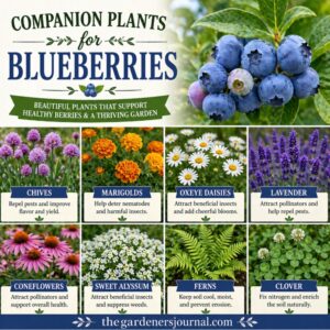 Help blueberry bushes thrive with companion plants like chives, marigolds, lavender, sweet alyssum, clover, ferns, coneflowers, and Shasta daisies. These plants attract pollinators, repel pests, and support healthy berry growth.