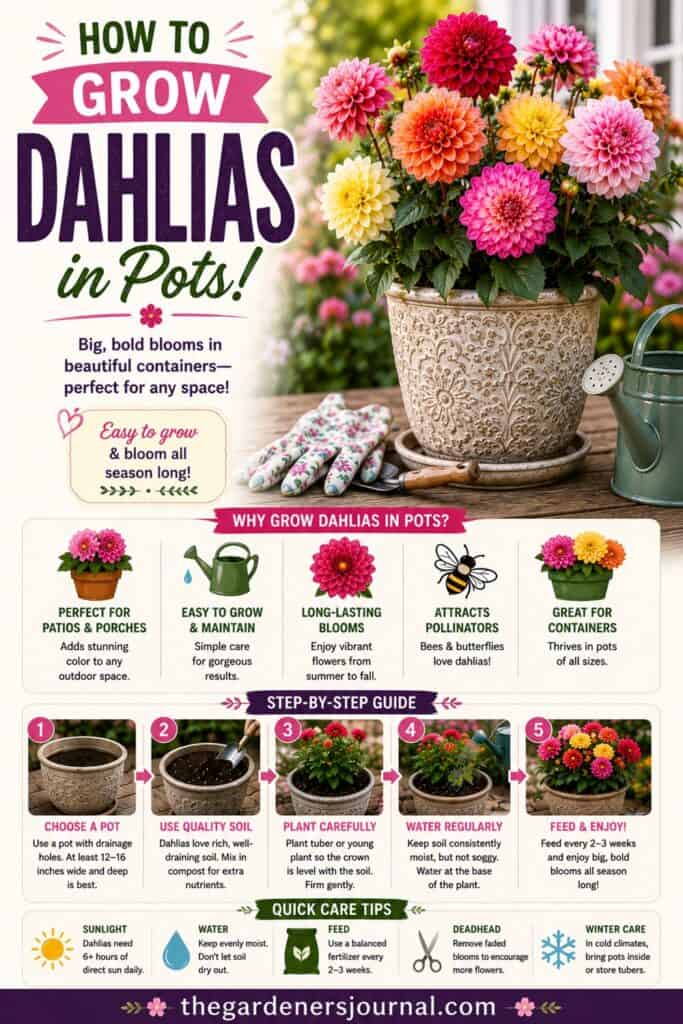 Want vibrant dahlias without a large garden? Discover how to grow dahlias in containers with simple tips for healthy plants and nonstop blooms. A perfect project for container gardening enthusiasts who love colorful cottage garden flowers and pollinator-friendly gardens.