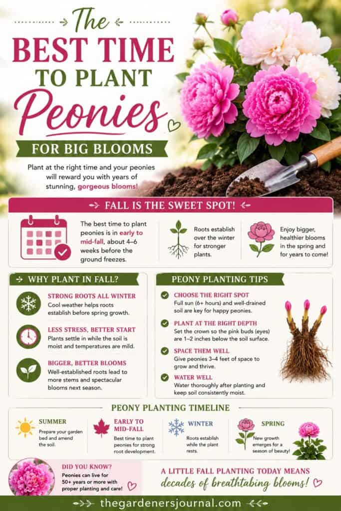 Learn the best time to plant peonies so you can enjoy bigger blooms, healthier plants, and years of beautiful flowers. This easy gardening guide is perfect for flower lovers, beginner gardeners, and anyone growing cottage garden flowers for a romantic, colorful backyard.