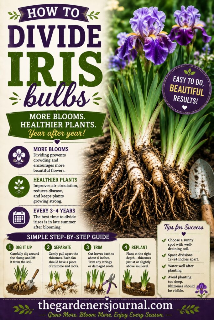 Learn how to divide iris bulbs step by step to rejuvenate crowded plants and encourage healthier growth and more beautiful blooms. Find out the best time to divide, how to separate the rhizomes, and how to replant them correctly. Perfect for simple garden tips and cottage garden flowers.
