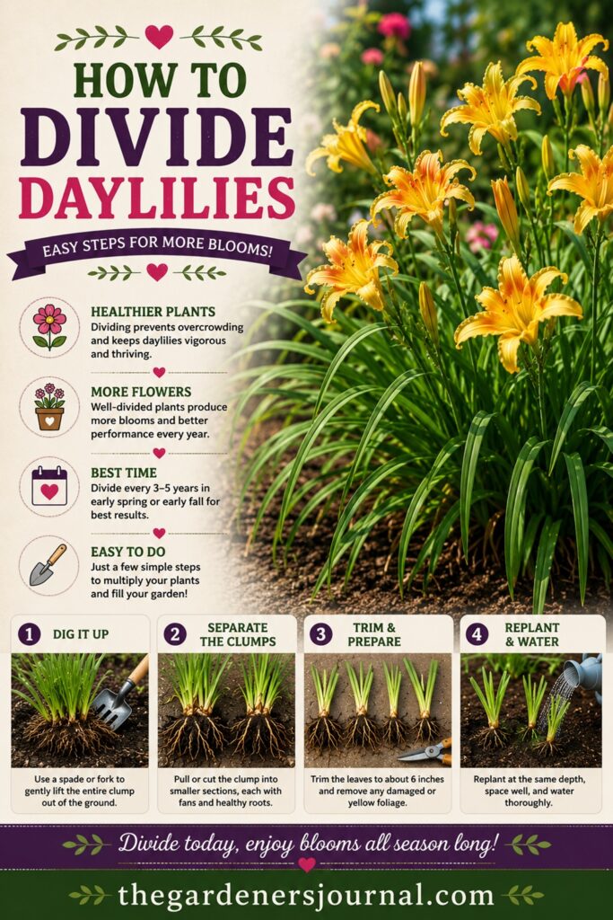 Keep your daylilies blooming year after year with this simple dividing guide. Learn how to dig, separate, and replant crowded clumps to create healthier plants and more flowers throughout your garden. Ideal for cottage garden flowers, borders, and pollinator gardens.