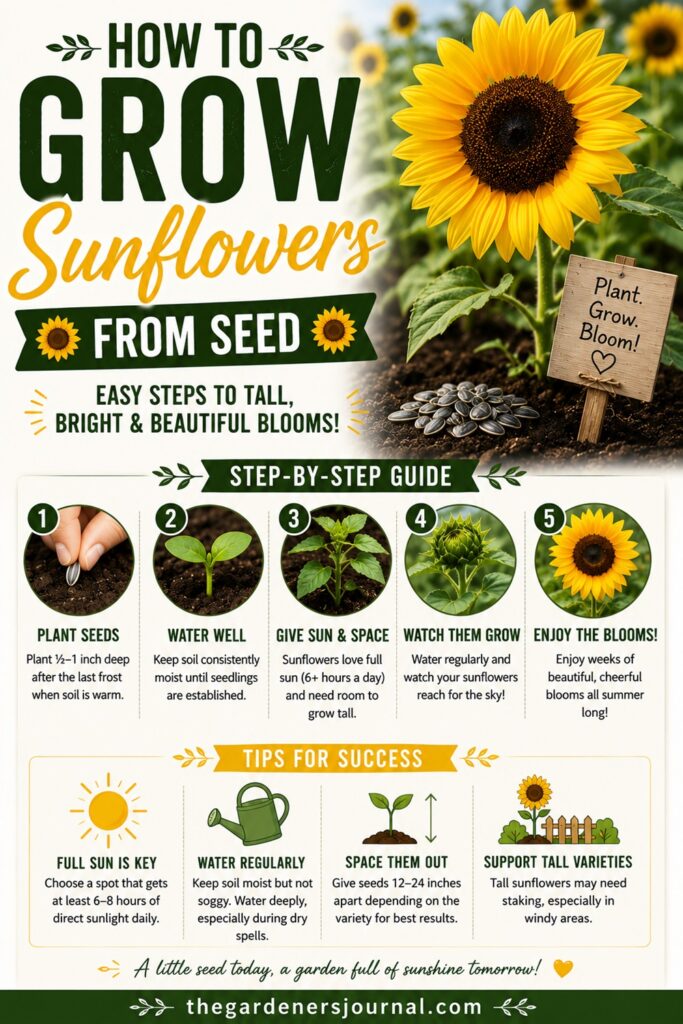 Growing sunflowers from seed is one of the easiest and most rewarding gardening projects! Learn exactly when to plant sunflower seeds, how deep to sow them, watering tips, spacing, and how to grow tall, beautiful blooms all summer long. Perfect for beginner gardeners, flower gardens, cut flower gardens, and backyard gardening.