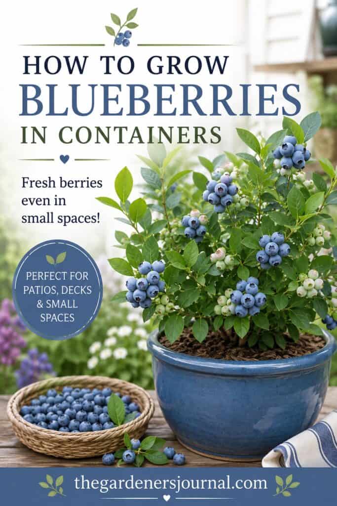 Fresh blueberries from your patio? Yes please! Learn how to grow blueberries in containers with simple growing tips for patios, porches, balconies, and small gardens. Perfect for small space gardening, edible gardening, container fruit growing, cottage garden ideas, and simple garden living.