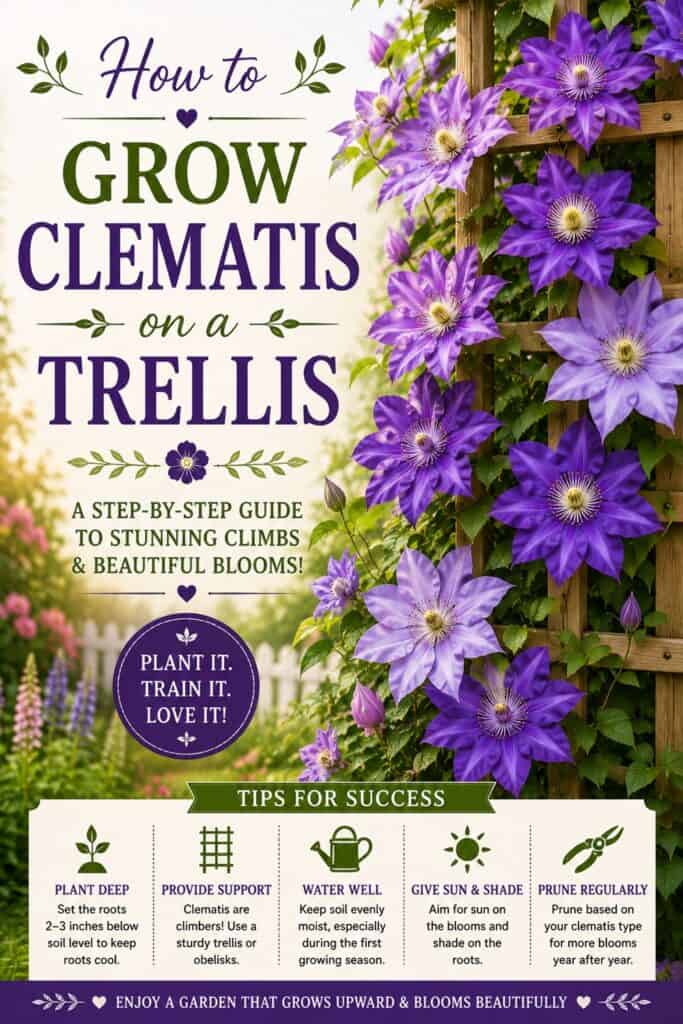 Want beautiful climbing flowers in your garden? Learn how to grow and train clematis on a trellis for lush blooms, vertical color, and a dreamy cottage garden look. Great for clematis growing, cottage gardens, flower gardening, pollinator-friendly plants, and beginner gardening tips.