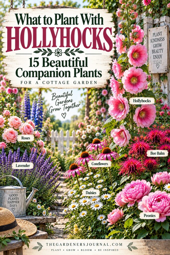 Hollyhocks look beautiful surrounded by cottage garden flowers like roses, lavender, peonies, bee balm, coneflowers, foxgloves, daisies, creeping phlox, and zinnias. Get ideas for creating a colorful, layered flower garden.